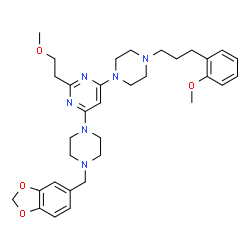 ChemSpider 2D Image | 4-[4-(1,3-Benzodioxol-5-ylmethyl)-1-piperazinyl]-2-(2-methoxyethyl)-6-{4-[3-(2-methoxyphenyl)propyl]-1-piperazinyl}pyrimidine | C33H44N6O4