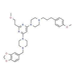 ChemSpider 2D Image | 4-[4-(1,3-Benzodioxol-5-ylmethyl)-1-piperazinyl]-2-(2-methoxyethyl)-6-{4-[3-(4-methoxyphenyl)propyl]-1-piperazinyl}pyrimidine | C33H44N6O4