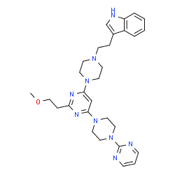 ChemSpider 2D Image | 3-[2-(4-{2-(2-Methoxyethyl)-6-[4-(2-pyrimidinyl)-1-piperazinyl]-4-pyrimidinyl}-1-piperazinyl)ethyl]-1H-indole | C29H37N9O