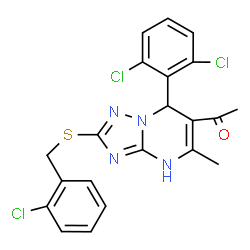 ChemSpider 2D Image | 1-{2-[(2-Chlorobenzyl)sulfanyl]-7-(2,6-dichlorophenyl)-5-methyl-1,7-dihydro[1,2,4]triazolo[1,5-a]pyrimidin-6-yl}ethanone | C21H17Cl3N4OS