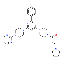 ChemSpider 2D Image | 1-(4-{2-Phenyl-6-[4-(2-pyrimidinyl)-1-piperazinyl]-4-pyrimidinyl}-1-piperazinyl)-3-(1-pyrrolidinyl)-1-propanone | C29H37N9O