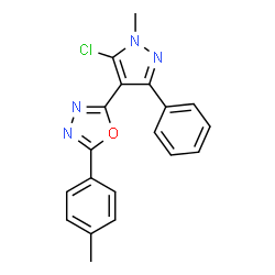 ChemSpider 2D Image | 2-(5-Chloro-1-methyl-3-phenyl-1H-pyrazol-4-yl)-5-(4-methylphenyl)-1,3,4-oxadiazole | C19H15ClN4O