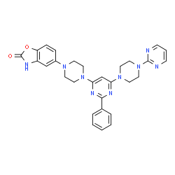 ChemSpider 2D Image | 5-(4-{2-Phenyl-6-[4-(2-pyrimidinyl)-1-piperazinyl]-4-pyrimidinyl}-1-piperazinyl)-1,3-benzoxazol-2(3H)-one | C29H29N9O2