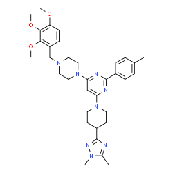 ChemSpider 2D Image | 4-[4-(1,5-Dimethyl-1H-1,2,4-triazol-3-yl)-1-piperidinyl]-2-(4-methylphenyl)-6-[4-(2,3,4-trimethoxybenzyl)-1-piperazinyl]pyrimidine | C34H44N8O3
