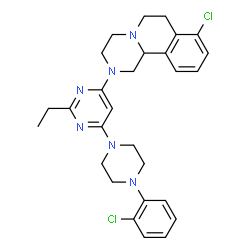ChemSpider 2D Image | 8-Chloro-2-{6-[4-(2-chlorophenyl)-1-piperazinyl]-2-ethyl-4-pyrimidinyl}-1,3,4,6,7,11b-hexahydro-2H-pyrazino[2,1-a]isoquinoline | C28H32Cl2N6