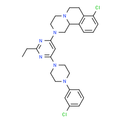 ChemSpider 2D Image | 8-Chloro-2-{6-[4-(3-chlorophenyl)-1-piperazinyl]-2-ethyl-4-pyrimidinyl}-1,3,4,6,7,11b-hexahydro-2H-pyrazino[2,1-a]isoquinoline | C28H32Cl2N6