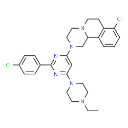 ChemSpider 2D Image | 8-Chloro-2-[2-(4-chlorophenyl)-6-(4-ethyl-1-piperazinyl)-4-pyrimidinyl]-1,3,4,6,7,11b-hexahydro-2H-pyrazino[2,1-a]isoquinoline | C28H32Cl2N6