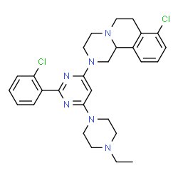 ChemSpider 2D Image | 8-Chloro-2-[2-(2-chlorophenyl)-6-(4-ethyl-1-piperazinyl)-4-pyrimidinyl]-1,3,4,6,7,11b-hexahydro-2H-pyrazino[2,1-a]isoquinoline | C28H32Cl2N6