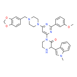 ChemSpider 2D Image | 1-{6-[4-(1,3-Benzodioxol-5-ylmethyl)-1-piperazinyl]-2-(3-methoxyphenyl)-4-pyrimidinyl}-3-(1-methyl-1H-indol-3-yl)-2-piperazinone | C36H37N7O4