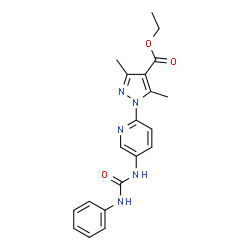ChemSpider 2D Image | Ethyl 3,5-dimethyl-1-{5-[(phenylcarbamoyl)amino]-2-pyridinyl}-1H-pyrazole-4-carboxylate | C20H21N5O3