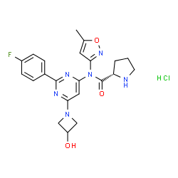 ChemSpider 2D Image | N-[2-(4-Fluorophenyl)-6-(3-hydroxy-1-azetidinyl)-4-pyrimidinyl]-N-(5-methyl-1,2-oxazol-3-yl)-L-prolinamide hydrochloride (1:1) | C22H24ClFN6O3