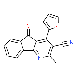 ChemSpider 2D Image | 4-(2-Furyl)-2-methyl-5-oxo-5H-indeno[1,2-b]pyridine-3-carbonitrile | C18H10N2O2