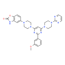 ChemSpider 2D Image | 5-(4-{2-(3-Methoxyphenyl)-6-[4-(2-pyrimidinyl)-1-piperazinyl]-4-pyrimidinyl}-1-piperazinyl)-1,3-benzoxazol-2(3H)-one | C30H31N9O3
