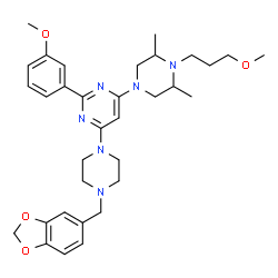 ChemSpider 2D Image | 4-[4-(1,3-Benzodioxol-5-ylmethyl)-1-piperazinyl]-2-(3-methoxyphenyl)-6-[4-(3-methoxypropyl)-3,5-dimethyl-1-piperazinyl]pyrimidine | C33H44N6O4