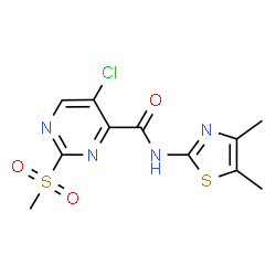 ChemSpider 2D Image | 5-Chloro-N-(4,5-dimethyl-1,3-thiazol-2-yl)-2-(methylsulfonyl)-4-pyrimidinecarboxamide | C11H11ClN4O3S2