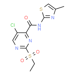 ChemSpider 2D Image | 5-Chloro-2-(ethylsulfonyl)-N-(4-methyl-1,3-thiazol-2-yl)-4-pyrimidinecarboxamide | C11H11ClN4O3S2
