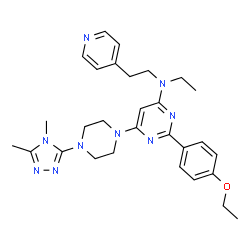 ChemSpider 2D Image | 6-[4-(4,5-Dimethyl-4H-1,2,4-triazol-3-yl)-1-piperazinyl]-2-(4-ethoxyphenyl)-N-ethyl-N-[2-(4-pyridinyl)ethyl]-4-pyrimidinamine | C29H37N9O