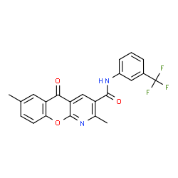 ChemSpider 2D Image | 2,7-Dimethyl-5-oxo-N-[3-(trifluoromethyl)phenyl]-5H-chromeno[2,3-b]pyridine-3-carboxamide | C22H15F3N2O3