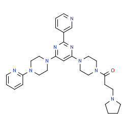 ChemSpider 2D Image | 1-(4-{2-(3-Pyridinyl)-6-[4-(2-pyridinyl)-1-piperazinyl]-4-pyrimidinyl}-1-piperazinyl)-3-(1-pyrrolidinyl)-1-propanone | C29H37N9O