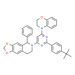 ChemSpider 2D Image | 6-{6-(2,3-Dihydro-4H-1,4-benzoxazin-4-yl)-2-[4-(2-methyl-2-propanyl)phenyl]-4-pyrimidinyl}-5-phenyl-5,6,7,8-tetrahydro[1,3]dioxolo[4,5-g]isoquinoline | C38H36N4O3