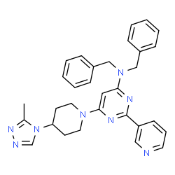 ChemSpider 2D Image | N,N-Dibenzyl-6-[4-(3-methyl-4H-1,2,4-triazol-4-yl)-1-piperidinyl]-2-(3-pyridinyl)-4-pyrimidinamine | C31H32N8