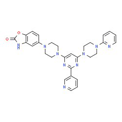 ChemSpider 2D Image | 5-(4-{2-(3-Pyridinyl)-6-[4-(2-pyridinyl)-1-piperazinyl]-4-pyrimidinyl}-1-piperazinyl)-1,3-benzoxazol-2(3H)-one | C29H29N9O2