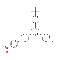ChemSpider 2D Image | 4-[4-(2,2-Dimethylpropyl)-1-piperazinyl]-2-[4-(2-methyl-2-propanyl)phenyl]-6-[4-(4-nitrophenyl)-1-piperazinyl]pyrimidine | C33H45N7O2
