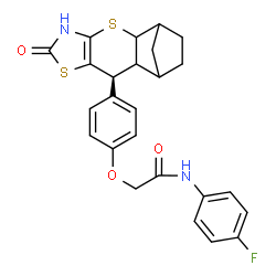 ChemSpider 2D Image | N-(4-Fluorophenyl)-2-{4-[(9S)-6-oxo-3,7-dithia-5-azatetracyclo[9.2.1.0~2,10~.0~4,8~]tetradec-4(8)-en-9-yl]phenoxy}acetamide | C25H23FN2O3S2