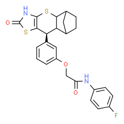 ChemSpider 2D Image | N-(4-Fluorophenyl)-2-{3-[(9S)-6-oxo-3,7-dithia-5-azatetracyclo[9.2.1.0~2,10~.0~4,8~]tetradec-4(8)-en-9-yl]phenoxy}acetamide | C25H23FN2O3S2