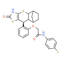 ChemSpider 2D Image | N-(4-Fluorophenyl)-2-{2-[(9S)-6-oxo-3,7-dithia-5-azatetracyclo[9.2.1.0~2,10~.0~4,8~]tetradec-4(8)-en-9-yl]phenoxy}acetamide | C25H23FN2O3S2