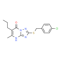 ChemSpider 2D Image | 2-[(4-Chlorobenzyl)sulfanyl]-5-methyl-6-propyl[1,2,4]triazolo[1,5-a]pyrimidin-7(1H)-one | C16H17ClN4OS