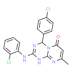 ChemSpider 2D Image | 4-(4-Chlorophenyl)-2-[(2-chlorophenyl)amino]-8-methyl-1,4-dihydro-6H-pyrimido[1,2-a][1,3,5]triazin-6-one | C19H15Cl2N5O