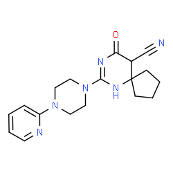 ChemSpider 2D Image | 9-Oxo-7-[4-(2-pyridinyl)-1-piperazinyl]-6,8-diazaspiro[4.5]dec-6-ene-10-carbonitrile | C18H22N6O