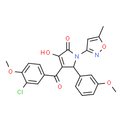 ChemSpider 2D Image | 4-(3-Chloro-4-methoxybenzoyl)-3-hydroxy-5-(3-methoxyphenyl)-1-(5-methyl-1,2-oxazol-3-yl)-1,5-dihydro-2H-pyrrol-2-one | C23H19ClN2O6