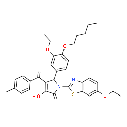 ChemSpider 2D Image | 1-(6-Ethoxy-1,3-benzothiazol-2-yl)-5-[3-ethoxy-4-(pentyloxy)phenyl]-3-hydroxy-4-(4-methylbenzoyl)-1,5-dihydro-2H-pyrrol-2-one | C34H36N2O6S
