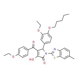 ChemSpider 2D Image | 4-(4-Ethoxybenzoyl)-5-[3-ethoxy-4-(pentyloxy)phenyl]-3-hydroxy-1-(6-methyl-1,3-benzothiazol-2-yl)-1,5-dihydro-2H-pyrrol-2-one | C34H36N2O6S