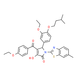 ChemSpider 2D Image | 4-(4-Ethoxybenzoyl)-5-[3-ethoxy-4-(3-methylbutoxy)phenyl]-3-hydroxy-1-(6-methyl-1,3-benzothiazol-2-yl)-1,5-dihydro-2H-pyrrol-2-one | C34H36N2O6S