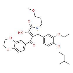 ChemSpider 2D Image | 4-(2,3-Dihydro-1,4-benzodioxin-6-ylcarbonyl)-5-[3-ethoxy-4-(3-methylbutoxy)phenyl]-3-hydroxy-1-(3-methoxypropyl)-1,5-dihydro-2H-pyrrol-2-one | C30H37NO8