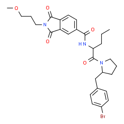 ChemSpider 2D Image | N-{1-[2-(4-Bromobenzyl)-1-pyrrolidinyl]-1-oxo-2-pentanyl}-2-(3-methoxypropyl)-1,3-dioxo-5-isoindolinecarboxamide | C29H34BrN3O5