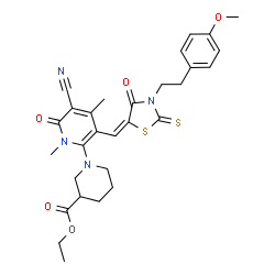 ChemSpider 2D Image | Ethyl 1-{5-cyano-3-[(E)-{3-[2-(4-methoxyphenyl)ethyl]-4-oxo-2-thioxo-1,3-thiazolidin-5-ylidene}methyl]-1,4-dimethyl-6-oxo-1,6-dihydro-2-pyridinyl}-3-piperidinecarboxylate | C29H32N4O5S2