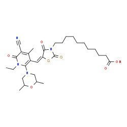 ChemSpider 2D Image | 11-[(5E)-5-{[5-Cyano-2-(2,6-dimethyl-4-morpholinyl)-1-ethyl-4-methyl-6-oxo-1,6-dihydro-3-pyridinyl]methylene}-4-oxo-2-thioxo-1,3-thiazolidin-3-yl]undecanoic acid | C30H42N4O5S2