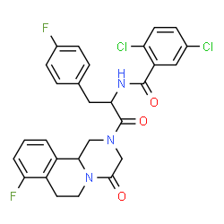 ChemSpider 2D Image | 2,5-Dichloro-N-[1-(8-fluoro-4-oxo-1,3,4,6,7,11b-hexahydro-2H-pyrazino[2,1-a]isoquinolin-2-yl)-3-(4-fluorophenyl)-1-oxo-2-propanyl]benzamide | C28H23Cl2F2N3O3