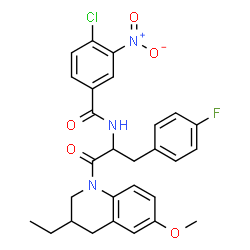ChemSpider 2D Image | 4-Chloro-N-[1-(3-ethyl-6-methoxy-3,4-dihydro-1(2H)-quinolinyl)-3-(4-fluorophenyl)-1-oxo-2-propanyl]-3-nitrobenzamide | C28H27ClFN3O5