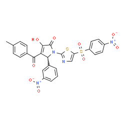 ChemSpider 2D Image | 3-Hydroxy-4-(4-methylbenzoyl)-5-(3-nitrophenyl)-1-{5-[(4-nitrophenyl)sulfonyl]-1,3-thiazol-2-yl}-1,5-dihydro-2H-pyrrol-2-one | C27H18N4O9S2