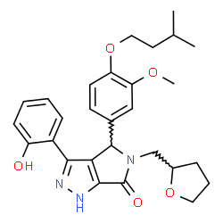 ChemSpider 2D Image | 3-(2-Hydroxyphenyl)-4-[3-methoxy-4-(3-methylbutoxy)phenyl]-5-(tetrahydro-2-furanylmethyl)-4,5-dihydropyrrolo[3,4-c]pyrazol-6(1H)-one | C28H33N3O5