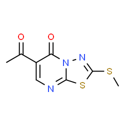 ChemSpider 2D Image | 6-Acetyl-2-(methylsulfanyl)-5H-[1,3,4]thiadiazolo[3,2-a]pyrimidin-5-one | C8H7N3O2S2