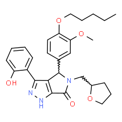 ChemSpider 2D Image | 3-(2-Hydroxyphenyl)-4-[3-methoxy-4-(pentyloxy)phenyl]-5-(tetrahydro-2-furanylmethyl)-4,5-dihydropyrrolo[3,4-c]pyrazol-6(1H)-one | C28H33N3O5