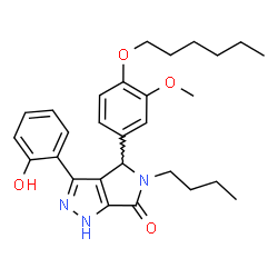 ChemSpider 2D Image | 5-Butyl-4-[4-(hexyloxy)-3-methoxyphenyl]-3-(2-hydroxyphenyl)-4,5-dihydropyrrolo[3,4-c]pyrazol-6(1H)-one | C28H35N3O4