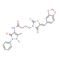 ChemSpider 2D Image | 4-[(5Z)-5-(1,3-Benzodioxol-5-ylmethylene)-4-oxo-2-thioxo-1,3-thiazolidin-3-yl]-N-(1,5-dimethyl-3-oxo-2-phenyl-2,3-dihydro-1H-pyrazol-4-yl)butanamide | C26H24N4O5S2
