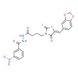 ChemSpider 2D Image | N'-{4-[(5Z)-5-(1,3-Benzodioxol-5-ylmethylene)-4-oxo-2-thioxo-1,3-thiazolidin-3-yl]butanoyl}-3-nitrobenzohydrazide | C22H18N4O7S2